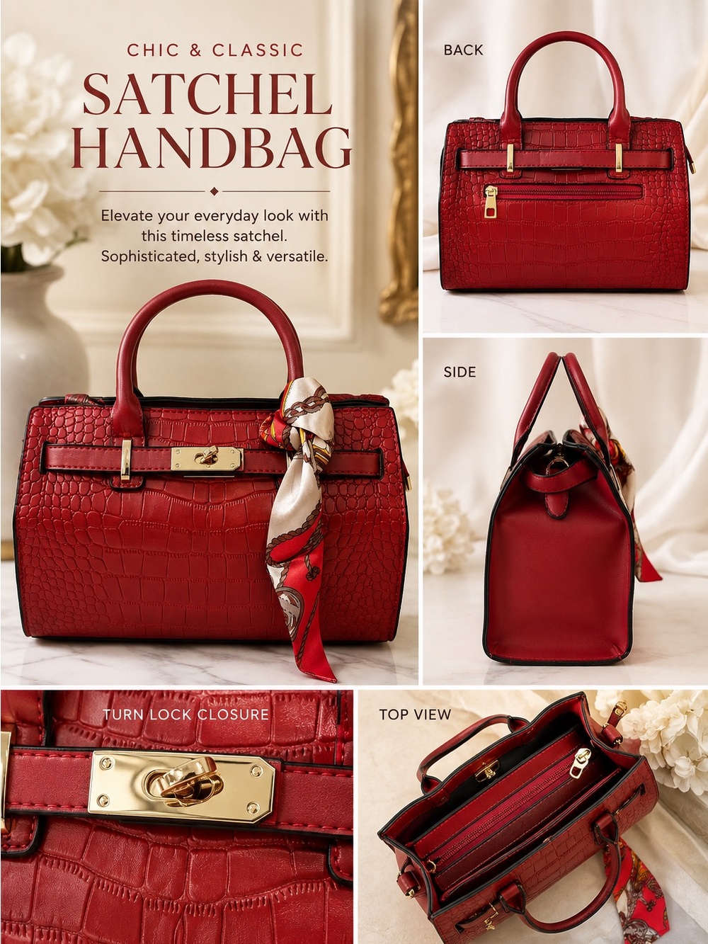 New Structured Red Croc-Embossed Top-Handle Satchel with Scarf